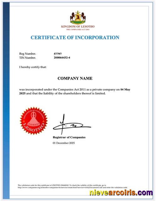 Lesotho certificate of incorporation
